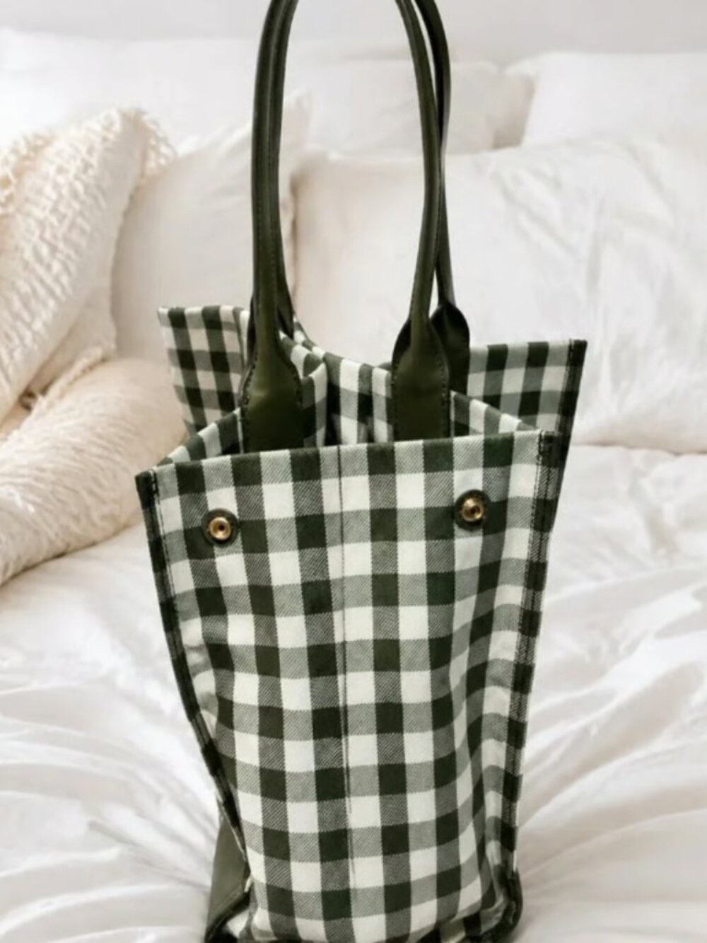 Tory Burch Ella Green & White Gingham Tote - Picture 4 of 5